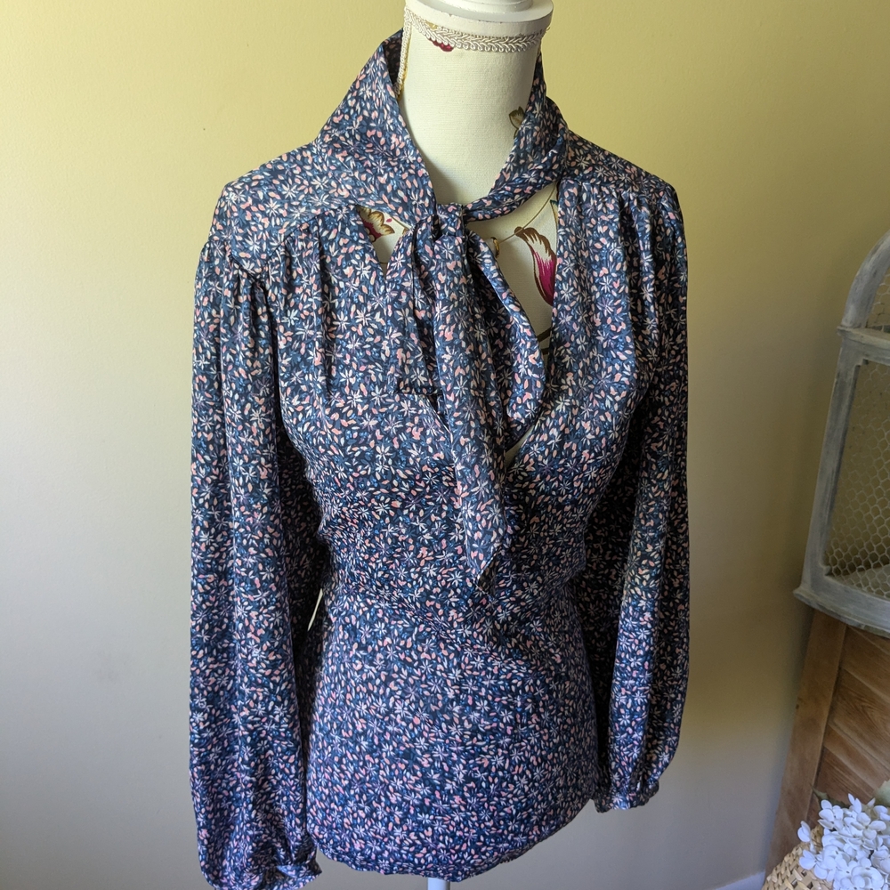Banana Republic Navy Floral Tie-Neck Blouse